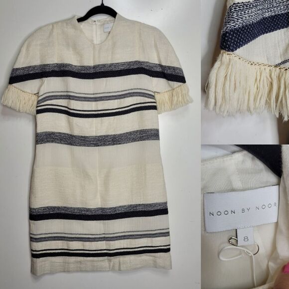 NOON BY NOOR 8 FRINGE SLEEVE POCKETS NAVY BLUE CREAM TEXTURED LINED LUXE DRESS - Picture 1 of 7